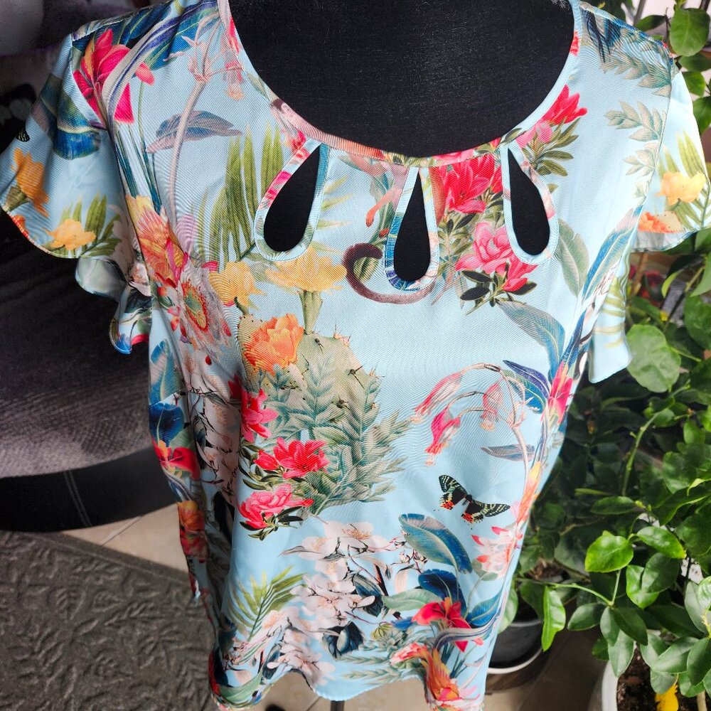 Talbots RSVP Line Tropical Multicolor Satiny Flutter Sleeve Blouse 1-2X